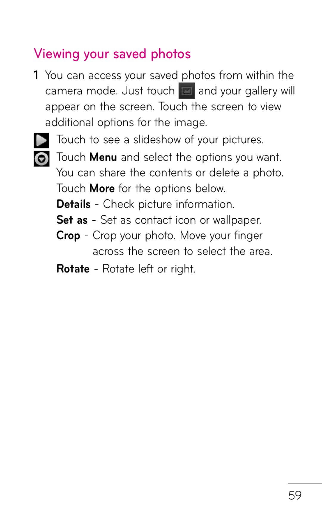 LG Electronics P999 manual Viewing your saved photos, Details Check picture information 