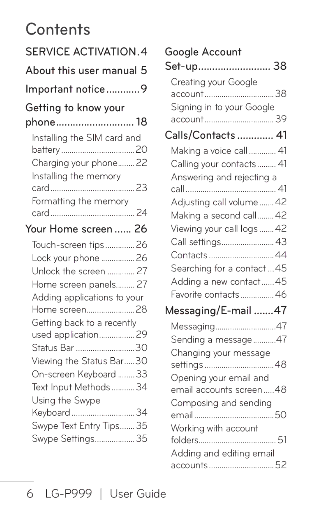 LG Electronics P999 manual Contents 