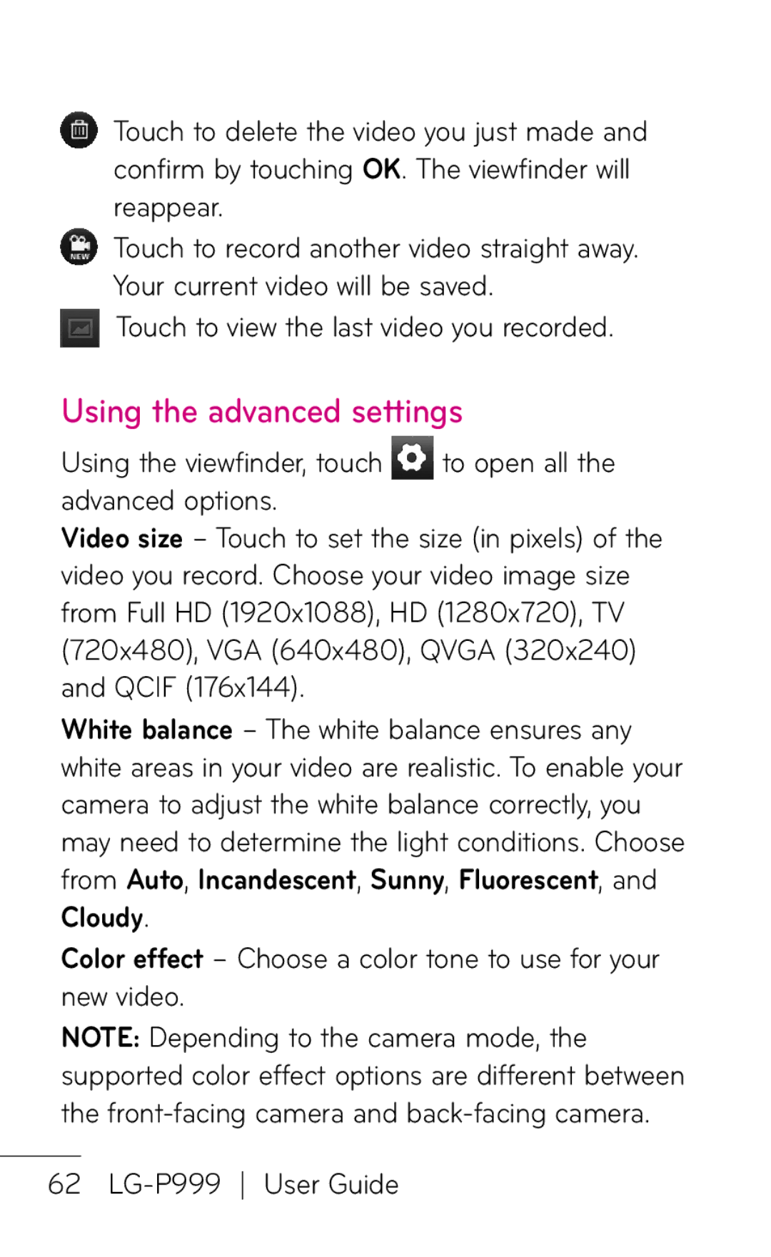 LG Electronics P999 manual Using the advanced settings 