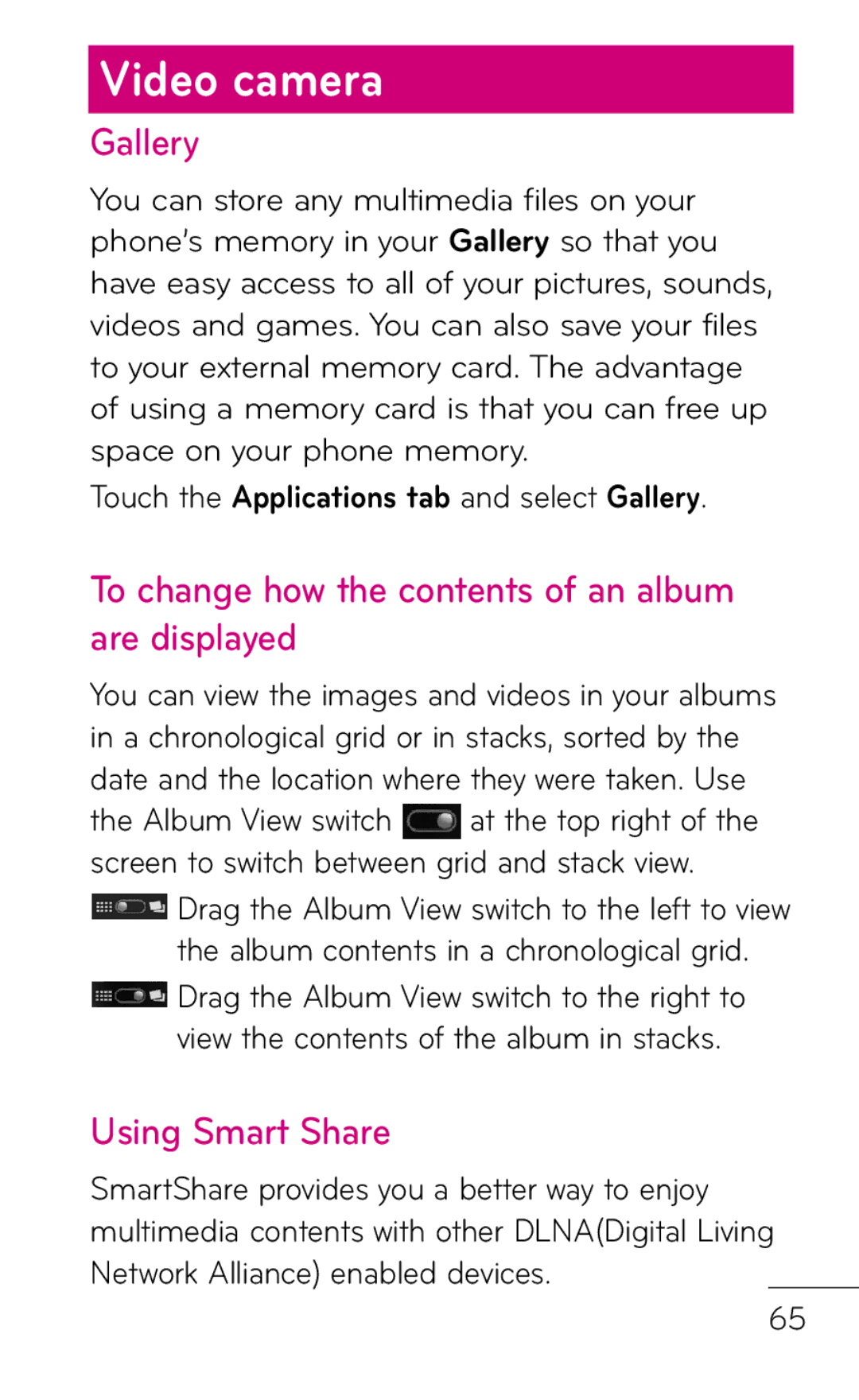 LG Electronics P999 manual Gallery, To change how the contents of an album are displayed, Using Smart Share 