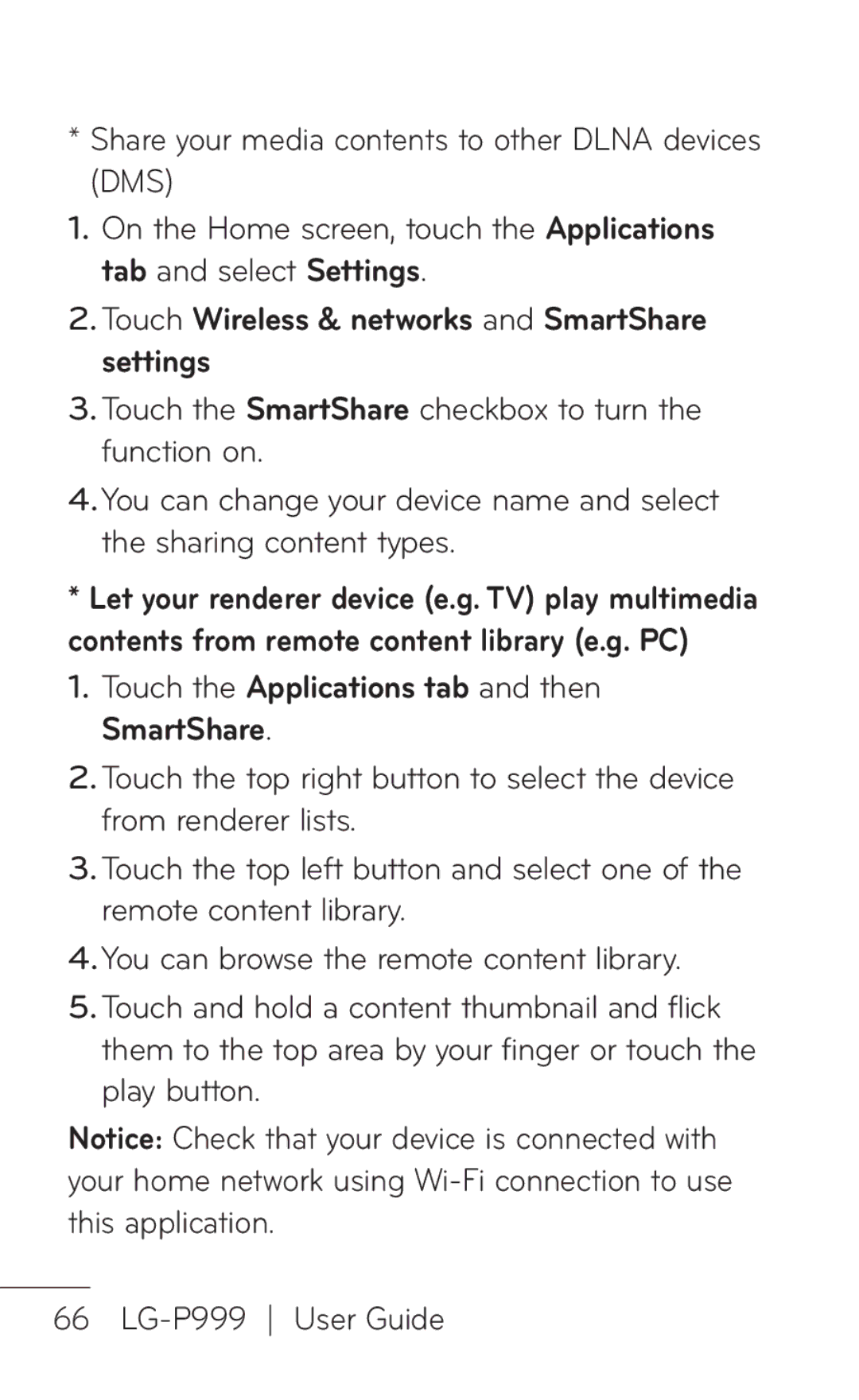 LG Electronics P999 manual Touch Wireless & networks and SmartShare settings 