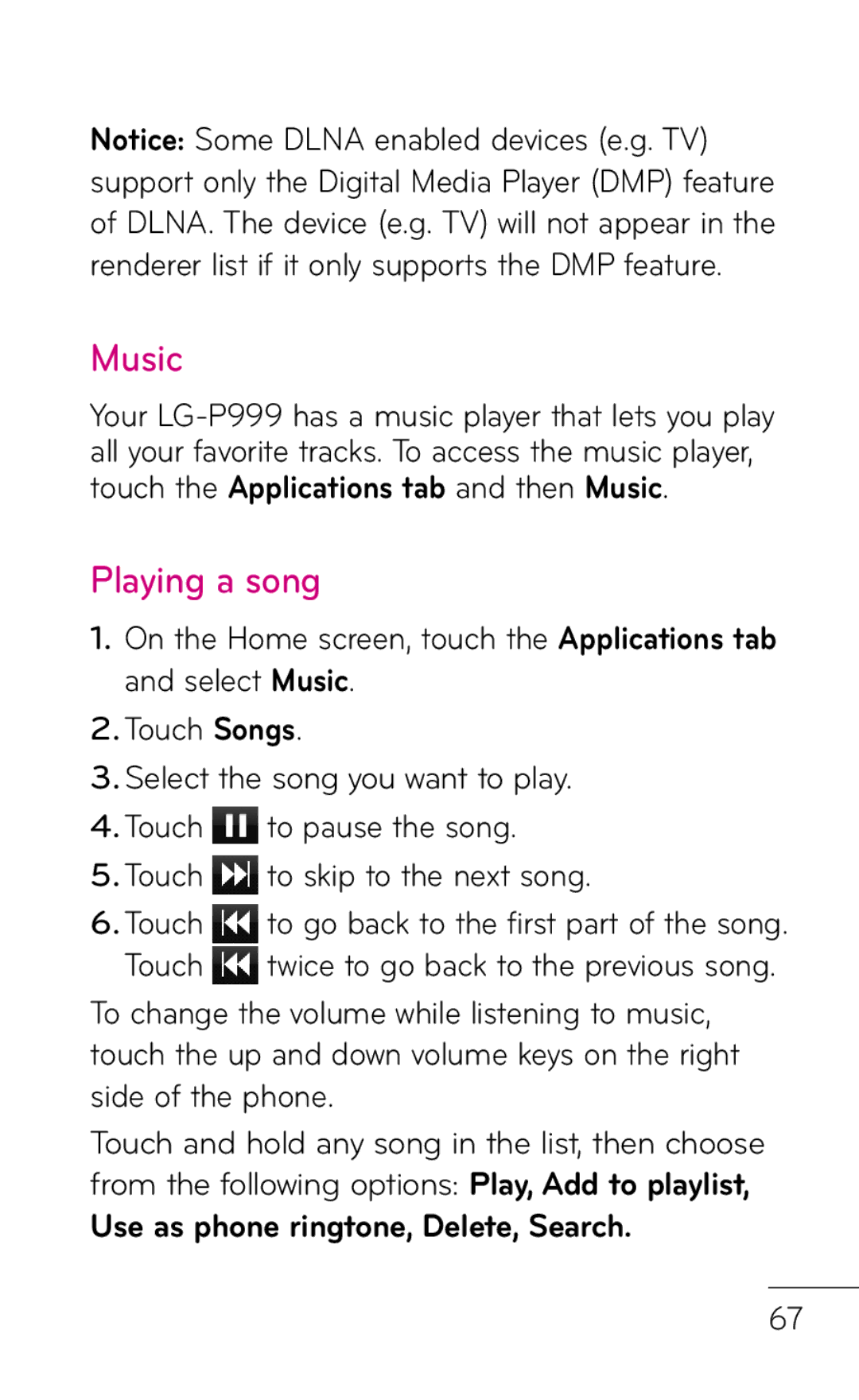 LG Electronics P999 manual Music, Playing a song, To skip to the next song, Use as phone ringtone, Delete, Search 