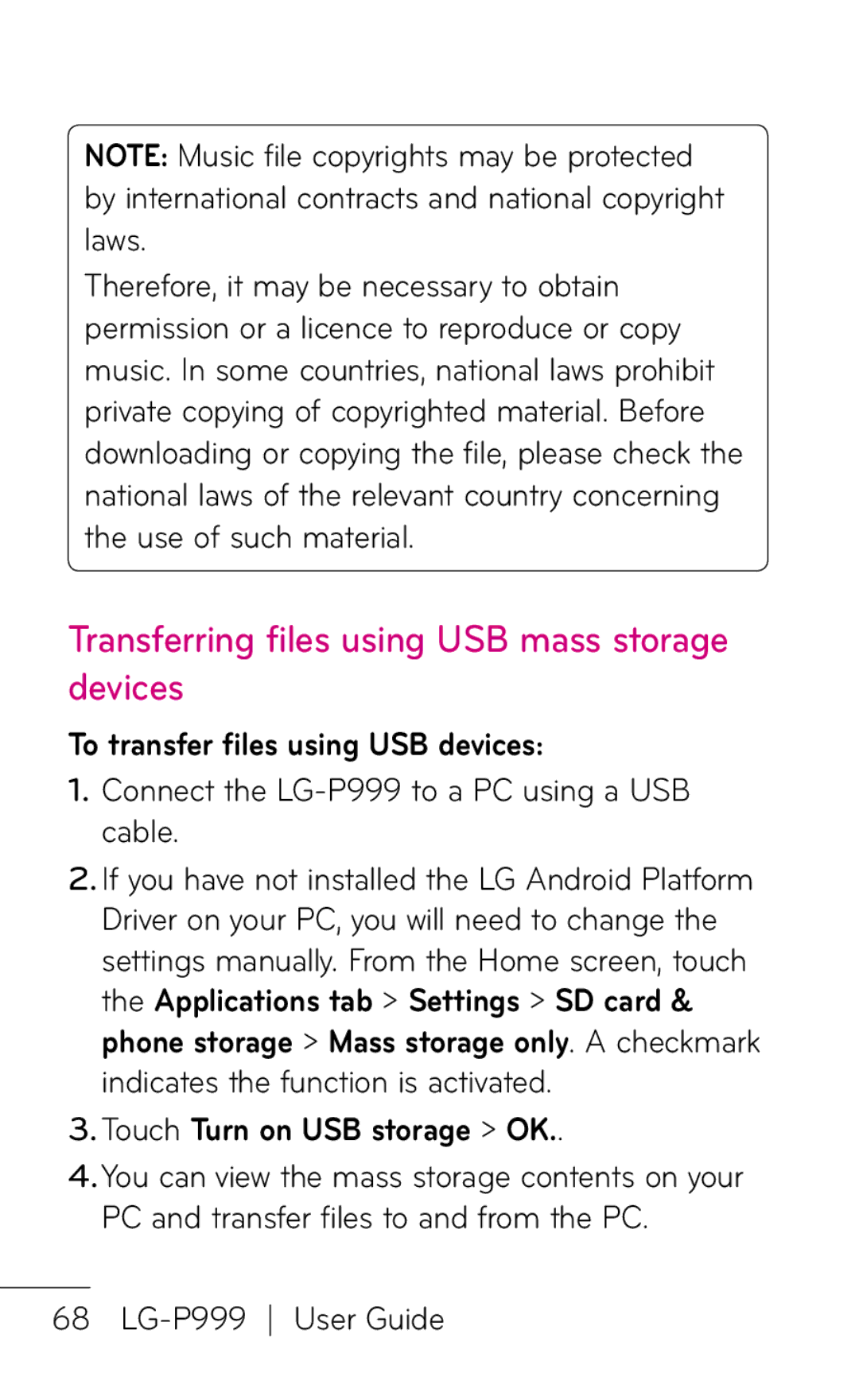 LG Electronics P999 manual Transferring files using USB mass storage devices, To transfer files using USB devices 