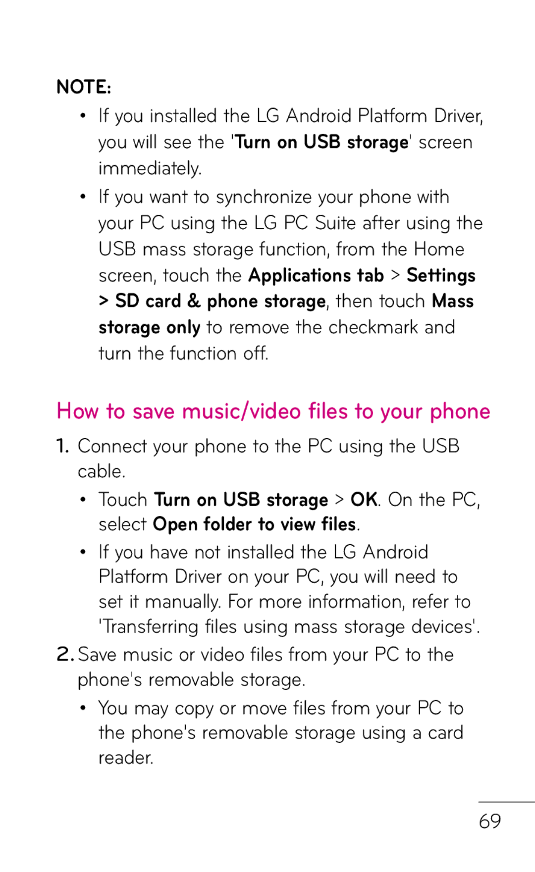 LG Electronics P999 manual How to save music/video files to your phone, Connect your phone to the PC using the USB cable 