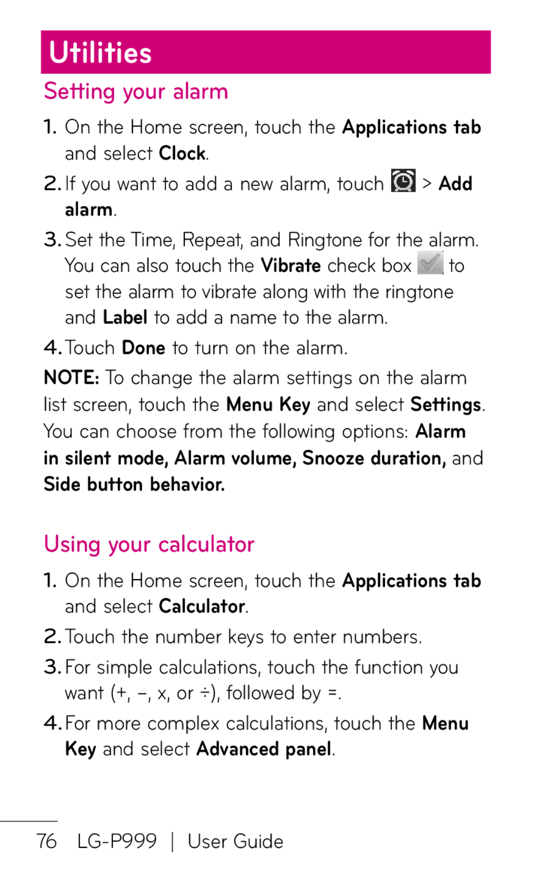 LG Electronics P999 manual Utilities, Setting your alarm, Using your calculator, Touch Done to turn on the alarm 