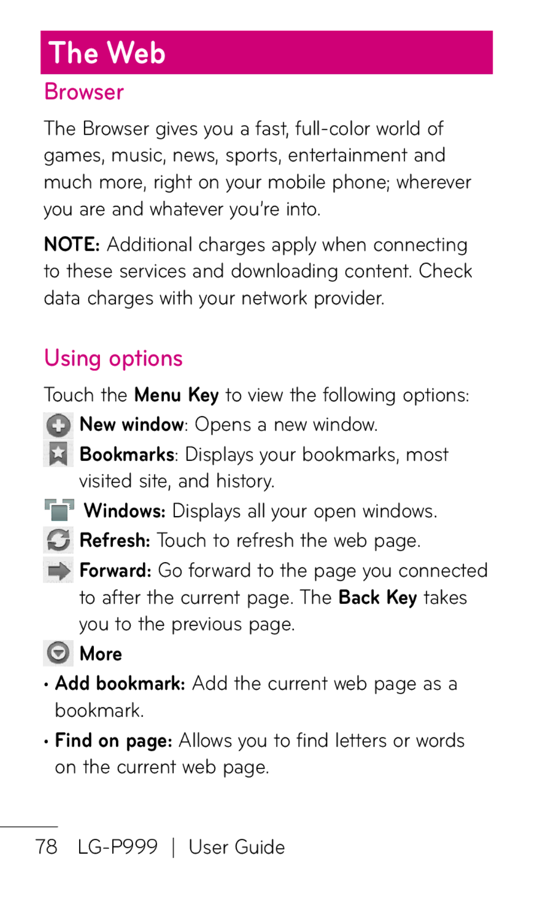 LG Electronics P999 manual Web, Browser, Using options, More 