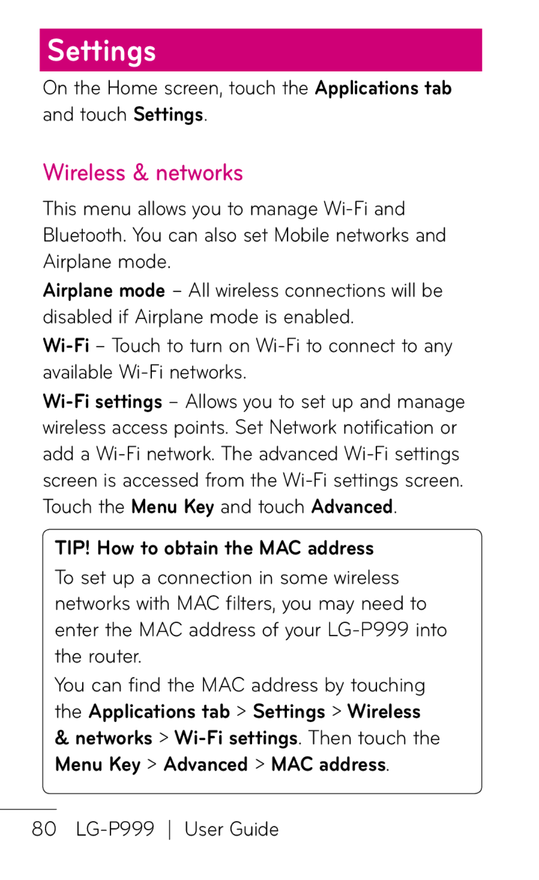 LG Electronics P999 manual Settings, Wireless & networks, TIP! How to obtain the MAC address 