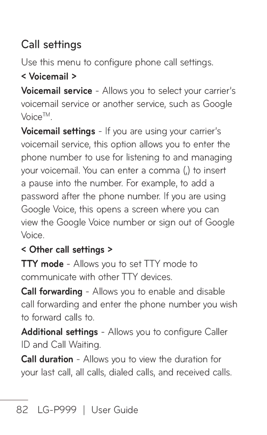 LG Electronics P999 manual Call settings, Use this menu to configure phone call settings 