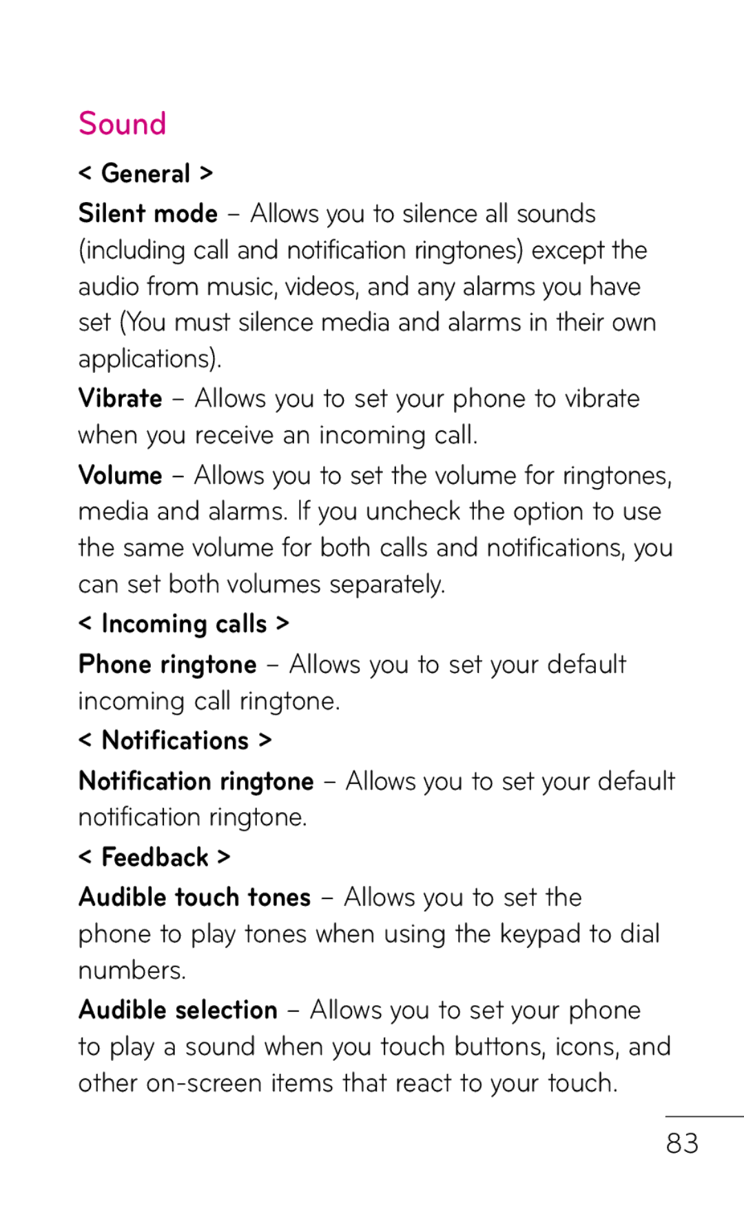 LG Electronics P999 manual Sound, General, Incoming calls 