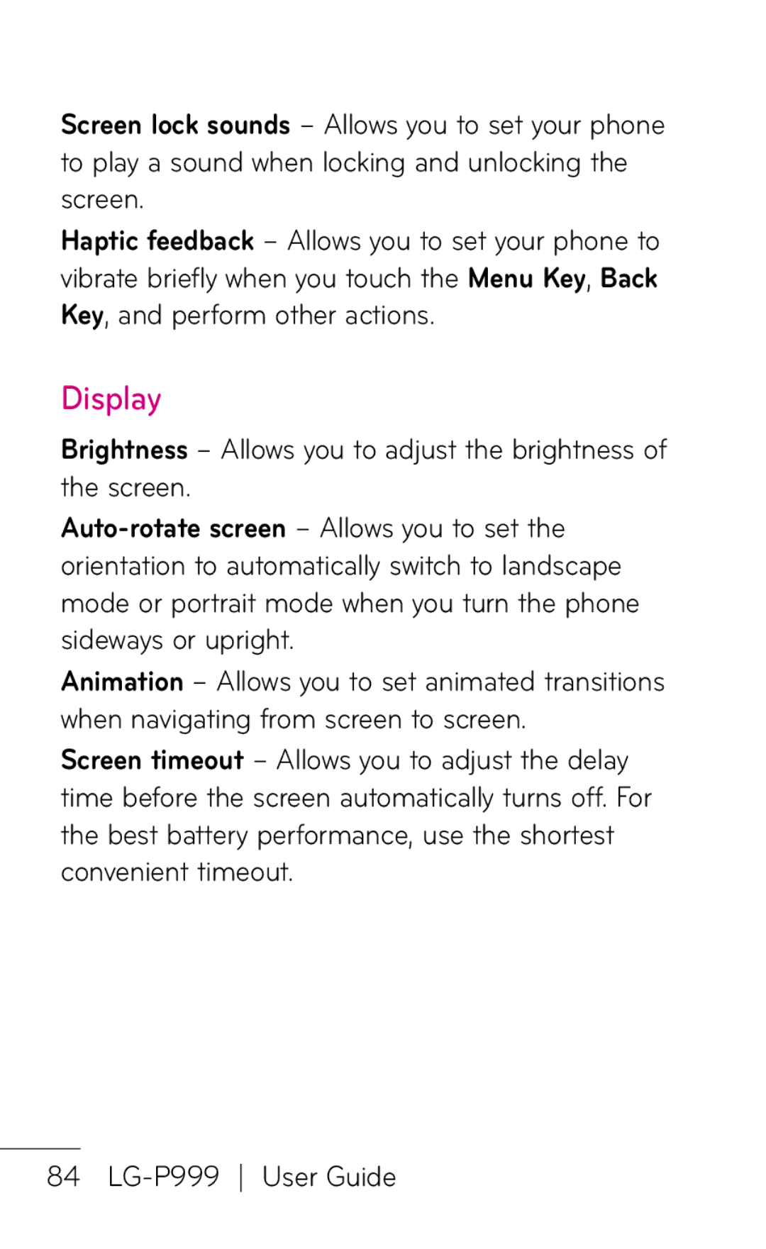 LG Electronics P999 manual Display 