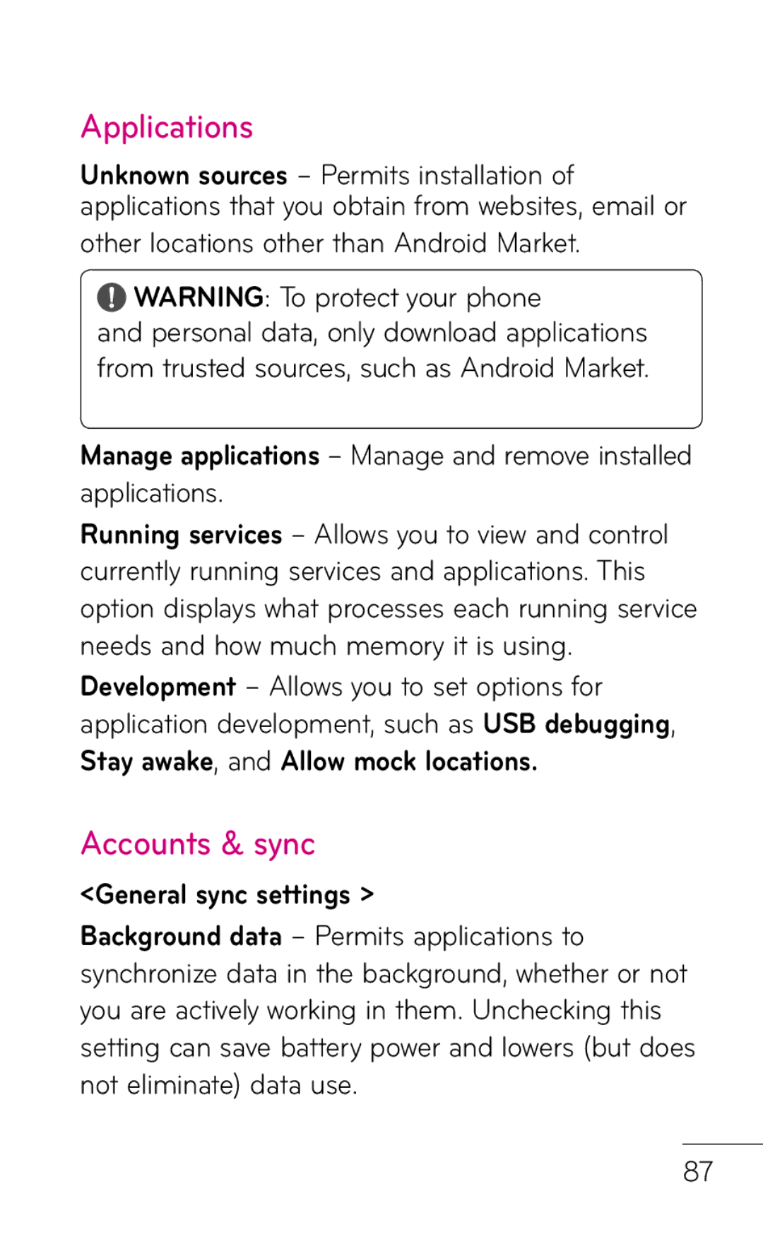 LG Electronics P999 manual Applications, Accounts & sync, Other locations other than Android Market, General sync settings 