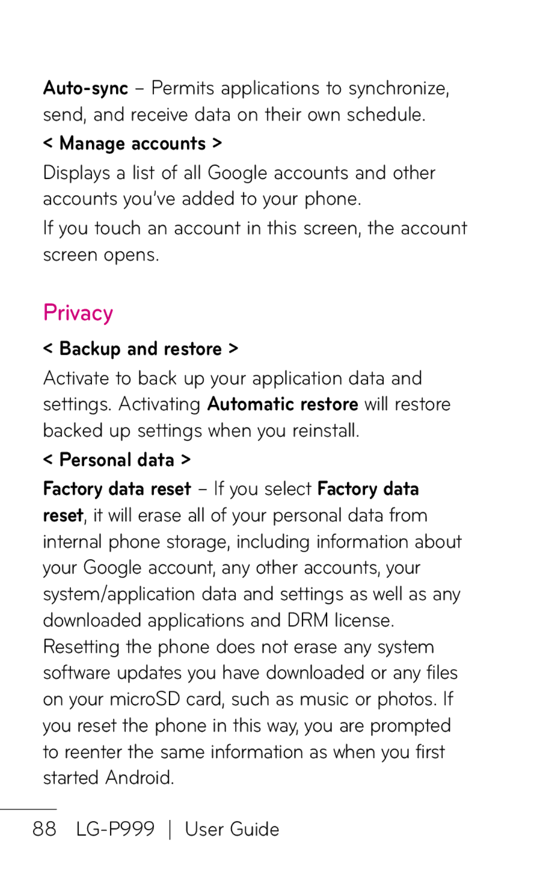 LG Electronics P999 manual Privacy, Manage accounts, Backup and restore, Personal data 