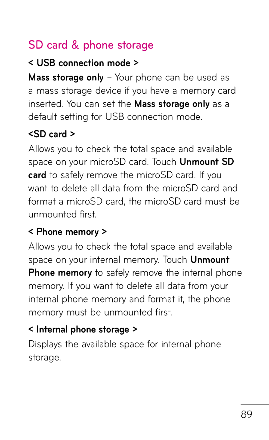 LG Electronics P999 manual SD card & phone storage, USB connection mode, Phone memory, Internal phone storage 