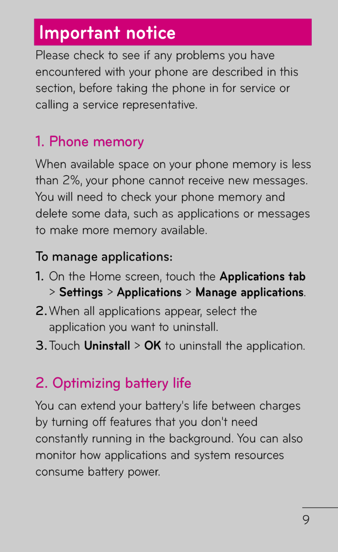 LG Electronics P999 manual Important notice, Phone memory, Optimizing battery life, To manage applications 