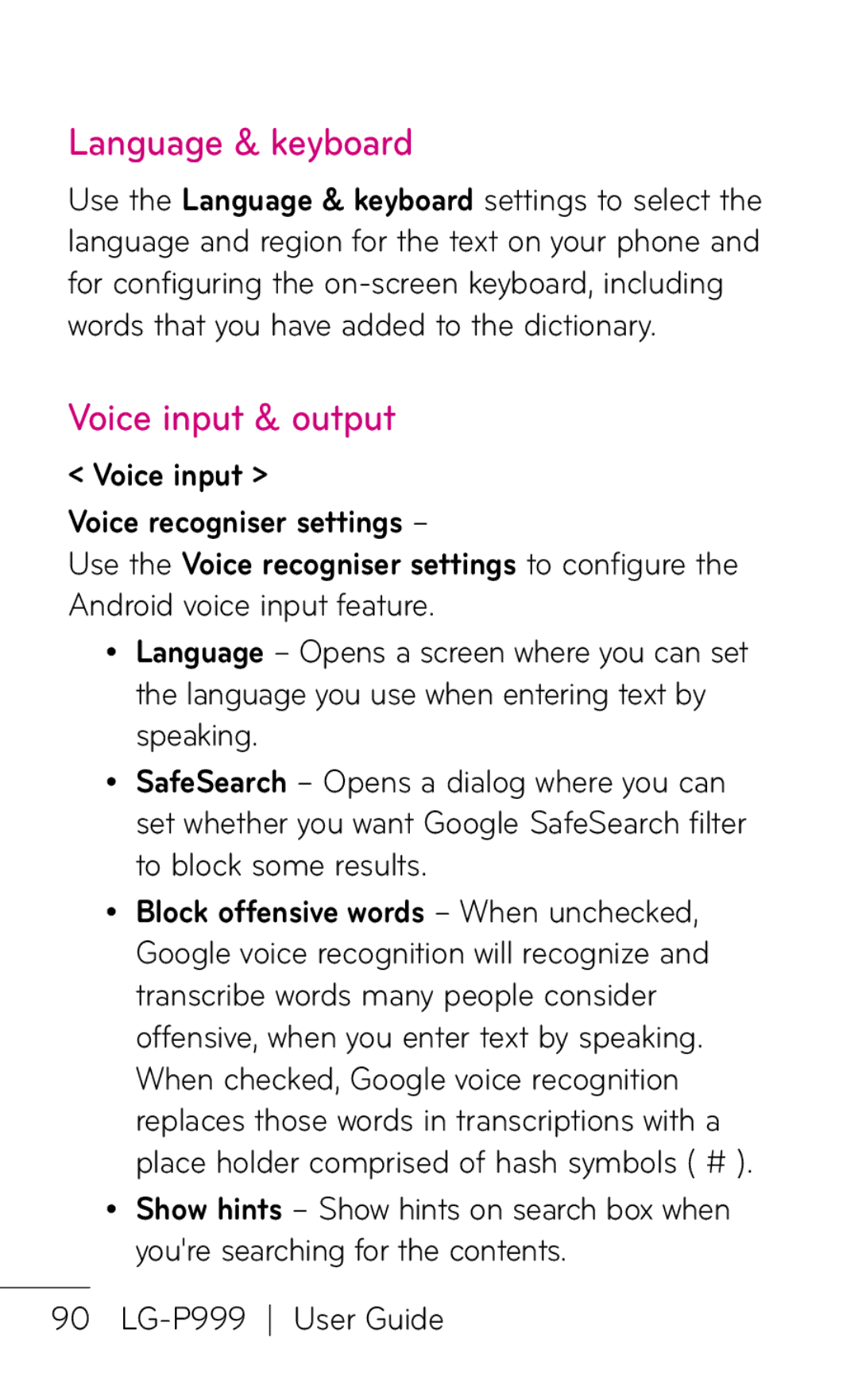 LG Electronics P999 manual Language & keyboard, Voice input & output 