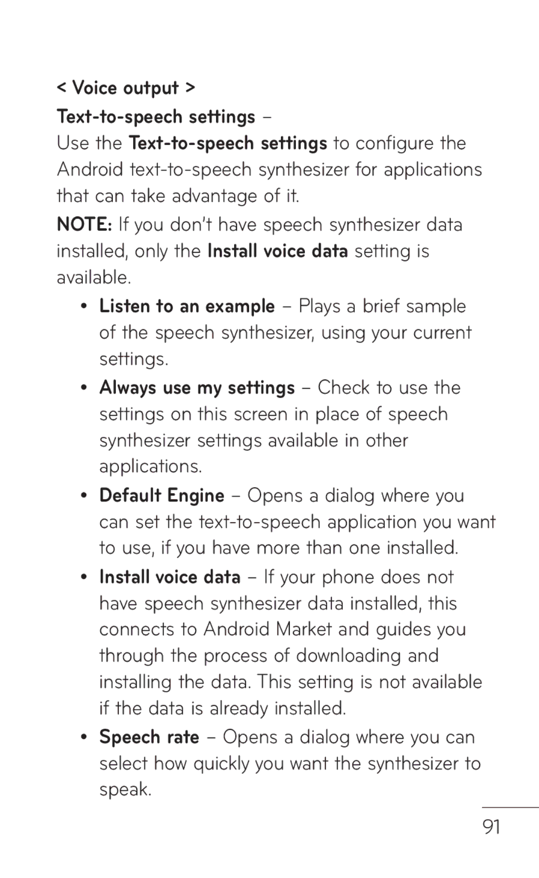 LG Electronics P999 manual Voice output Text-to-speech settings 