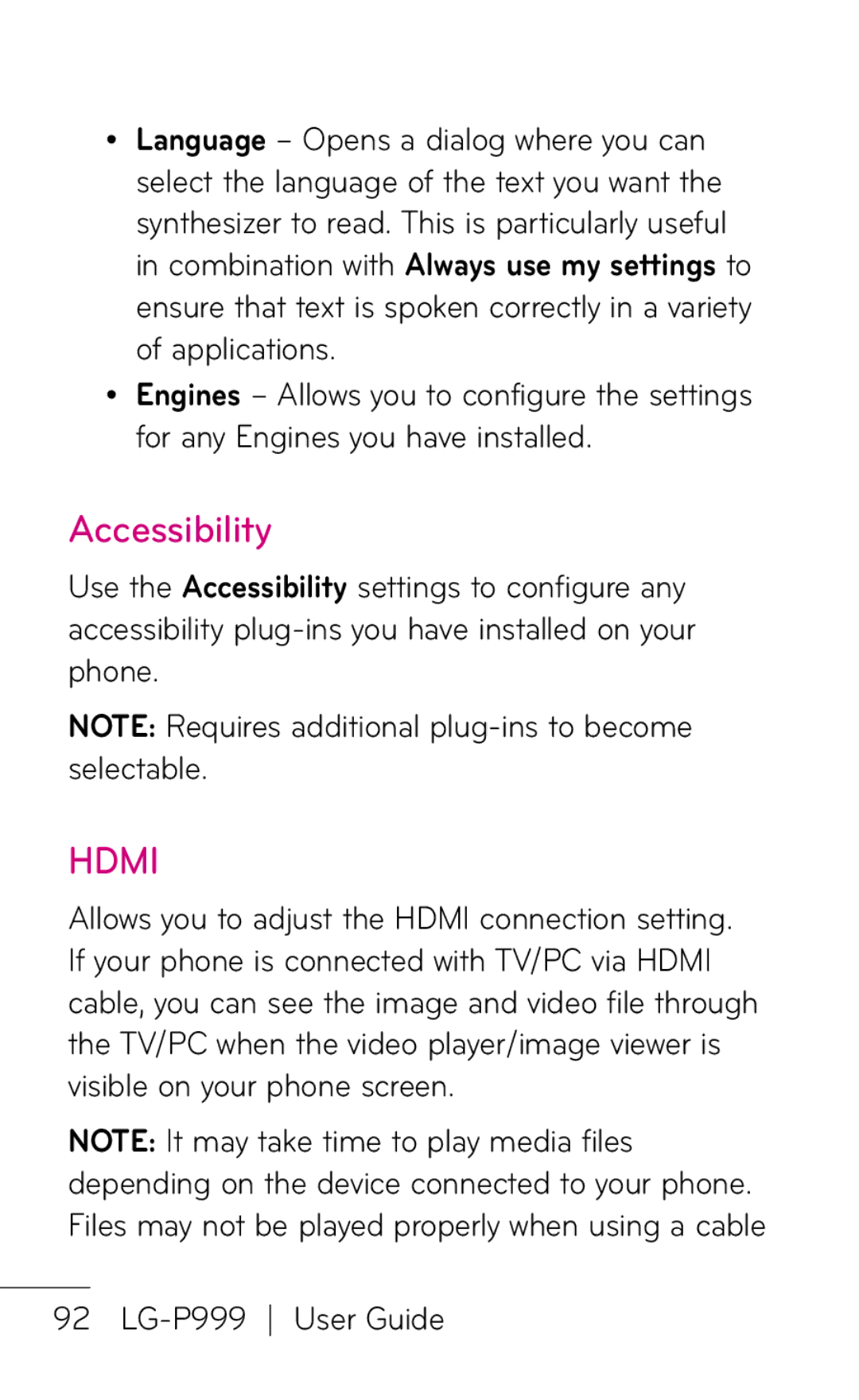 LG Electronics P999 manual Accessibility, Hdmi 