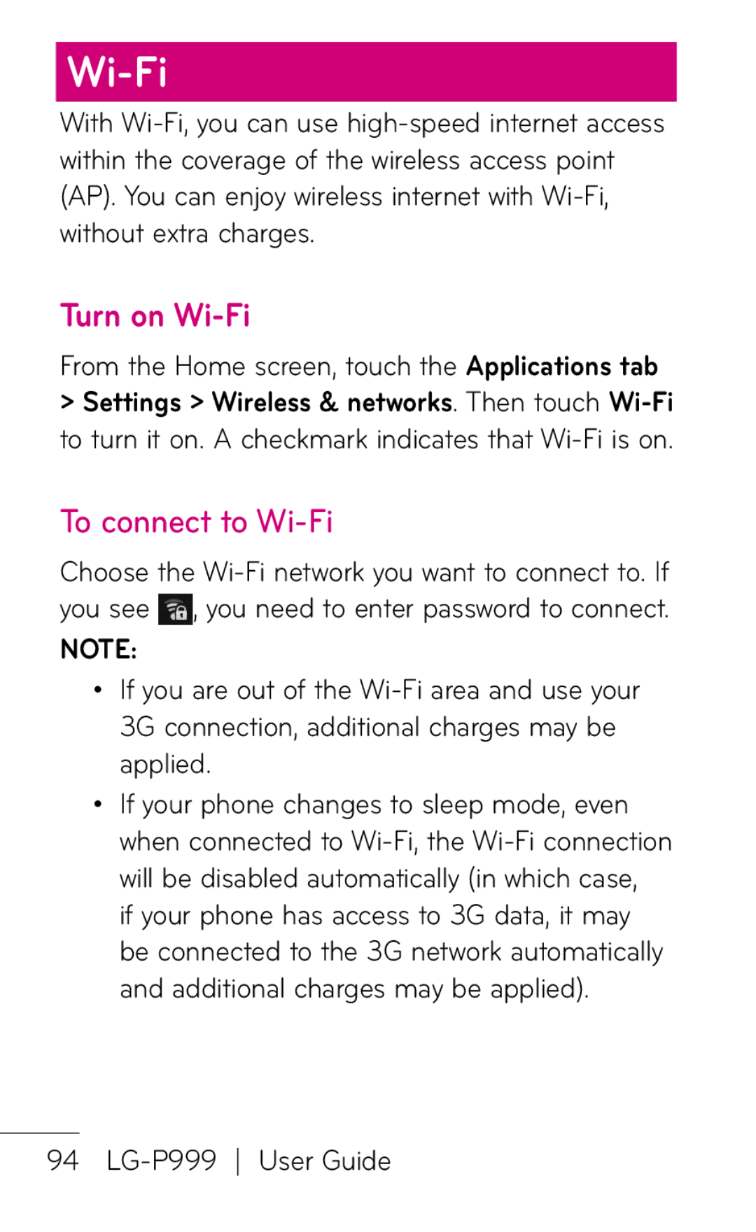 LG Electronics P999 manual To connect to Wi-Fi 