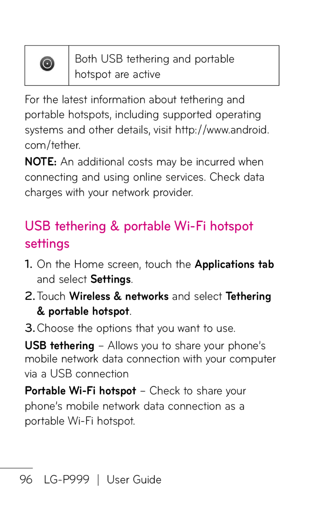 LG Electronics P999 manual USB tethering & portable Wi-Fi hotspot settings, Choose the options that you want to use 