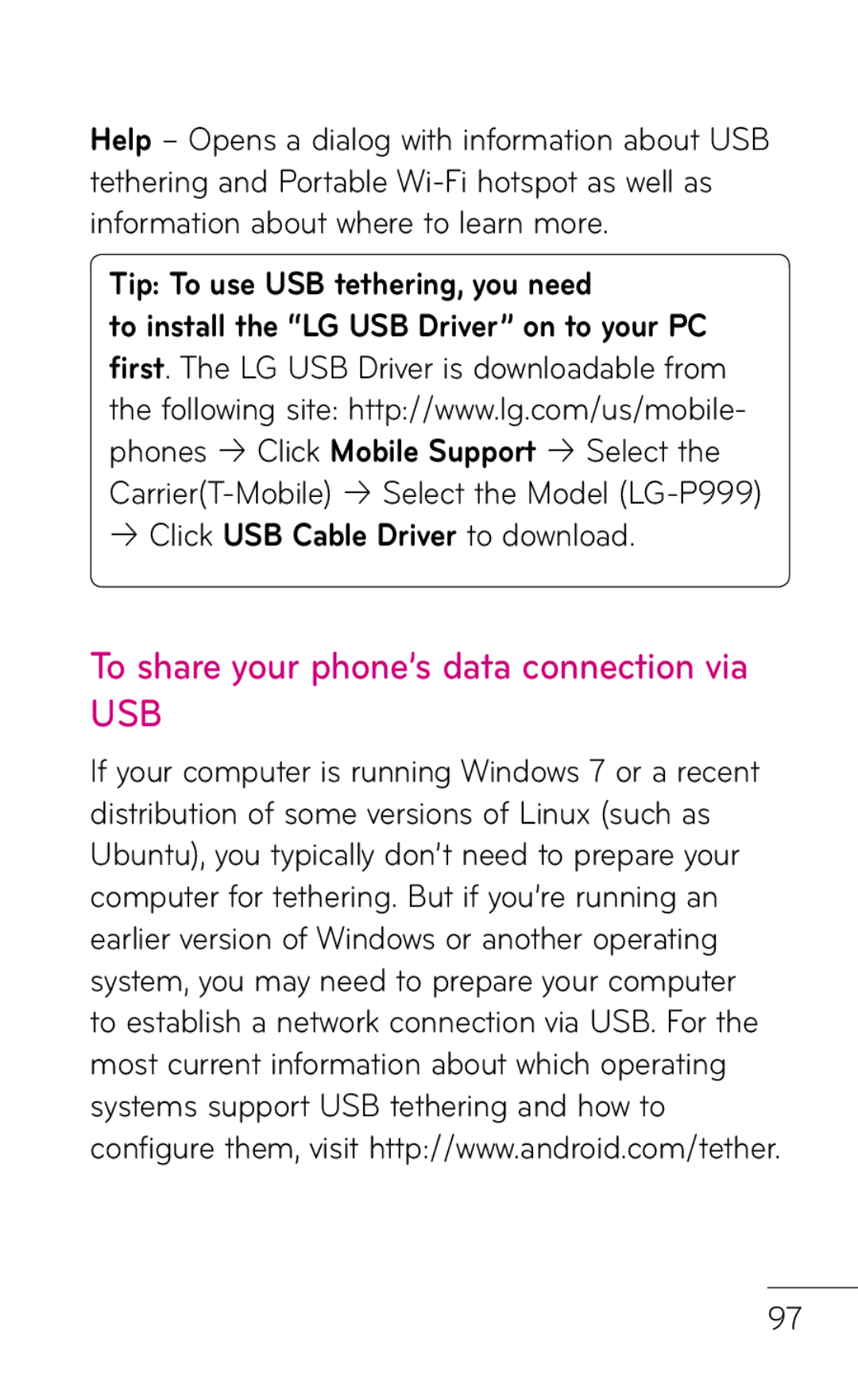 LG Electronics P999 manual To share your phone’s data connection via, Tip To use USB tethering, you need 