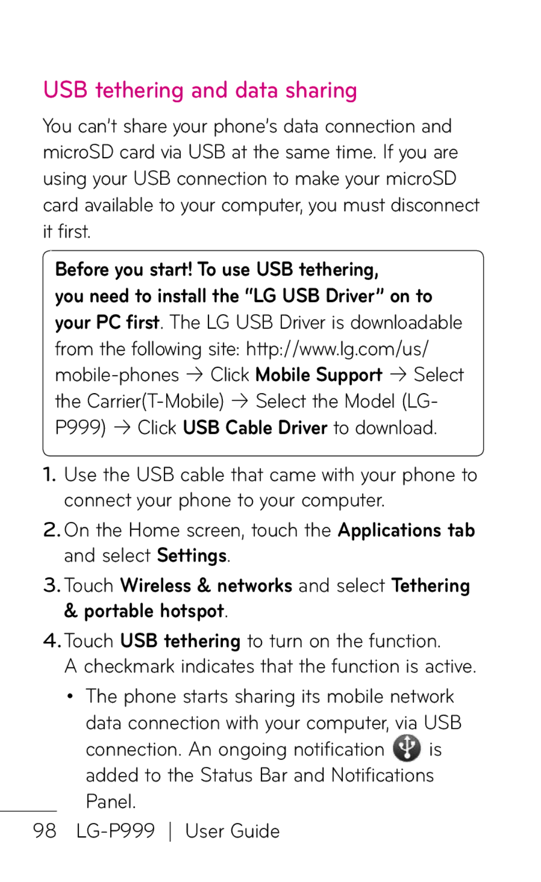 LG Electronics P999 manual USB tethering and data sharing, Before you start! To use USB tethering 