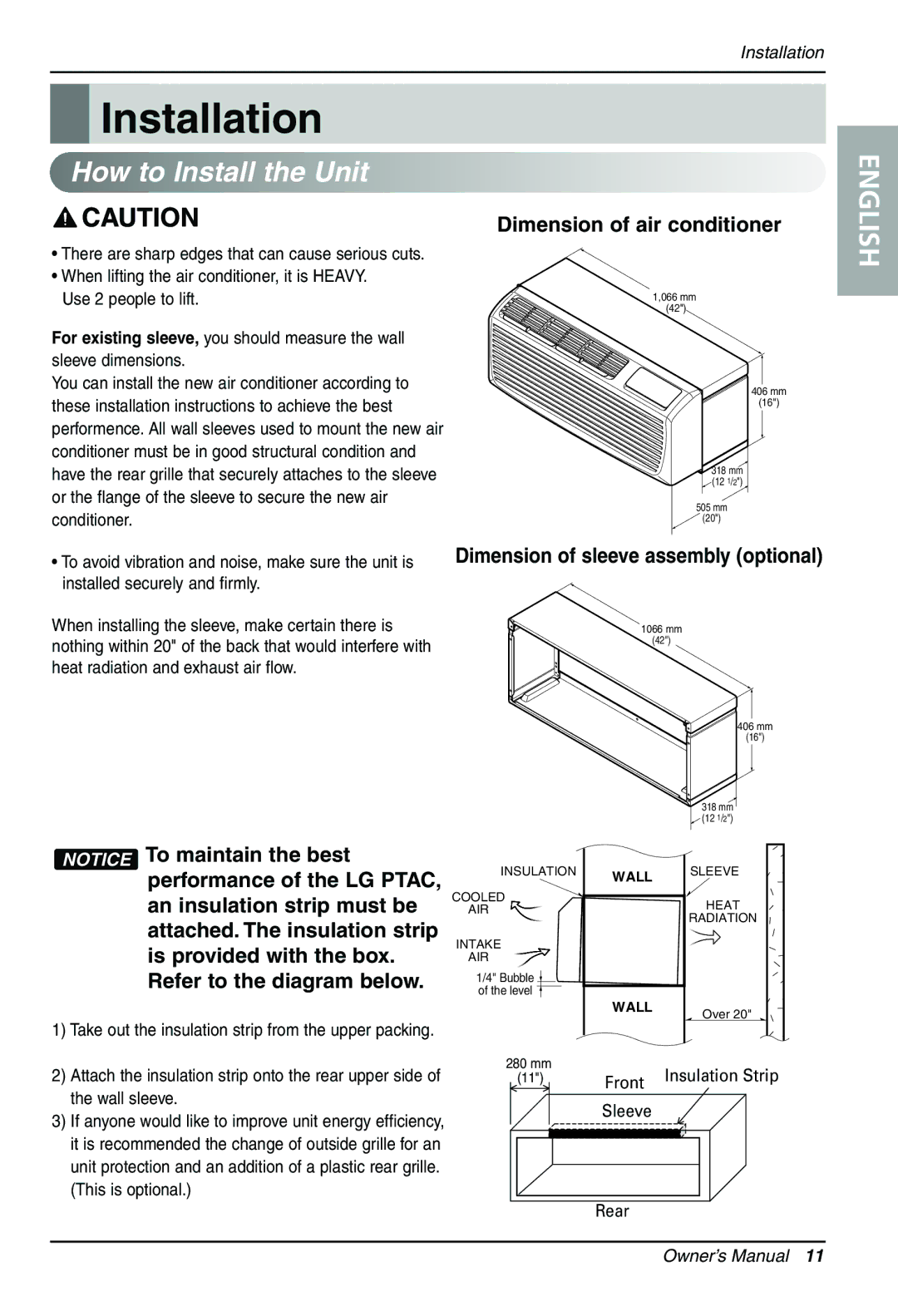 LG Electronics PACKAGED TERMINAL AIR CONDITIONER/HEAT PUMP owner manual Installation, How to Install the Unit 