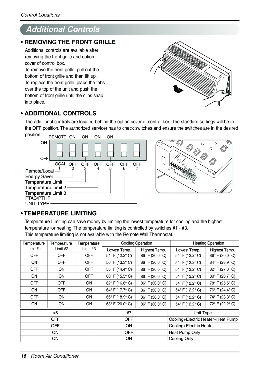 LG Electronics PACKAGED TERMINAL AIR CONDITIONER/HEAT PUMP owner manual Additional Controls, Removing the Front Grille 