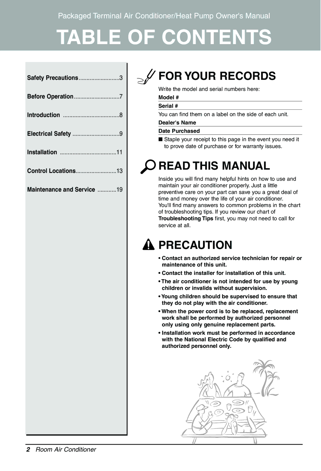 LG Electronics PACKAGED TERMINAL AIR CONDITIONER/HEAT PUMP owner manual Table of Contents 