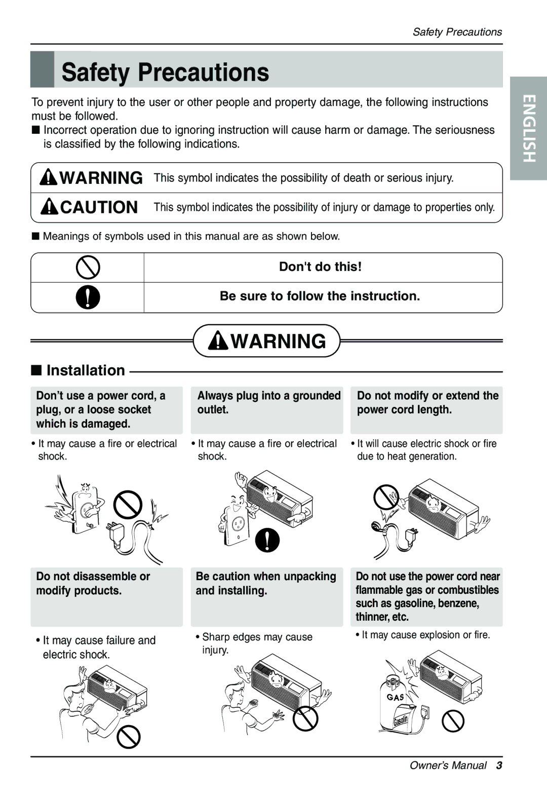 LG Electronics PACKAGED TERMINAL AIR CONDITIONER/HEAT PUMP owner manual Safety Precautions, Installation 