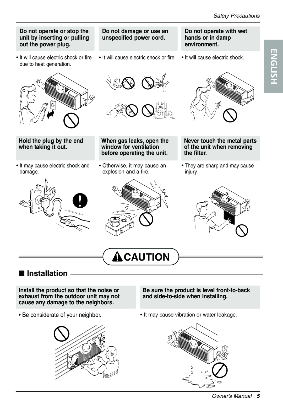 LG Electronics PACKAGED TERMINAL AIR CONDITIONER/HEAT PUMP owner manual Hold the plug by the end When gas leaks, open 