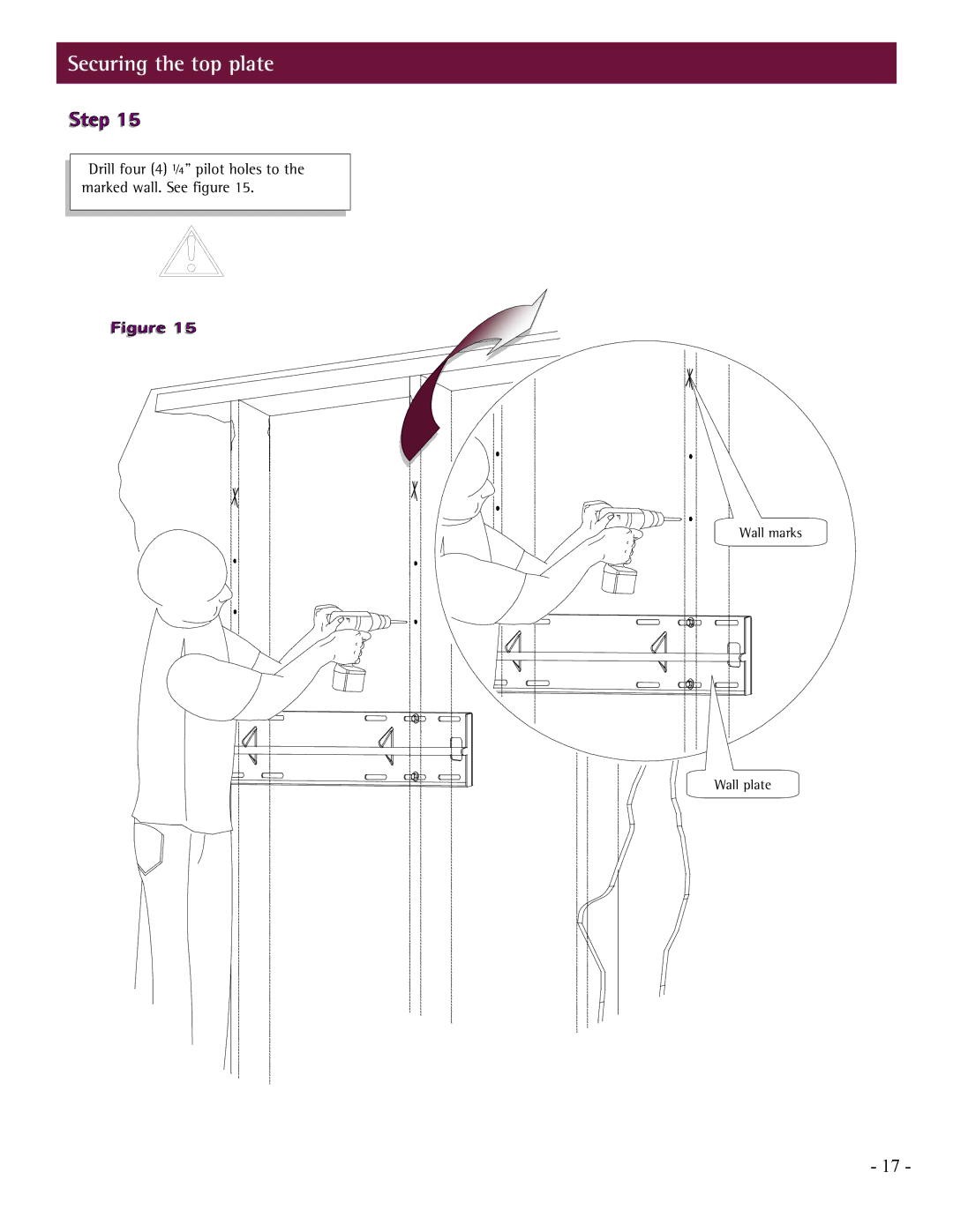 LG Electronics PCM-MS2 Securing the top plate, Drill four 4 ¼ pilot holes to the marked wall. See figure 