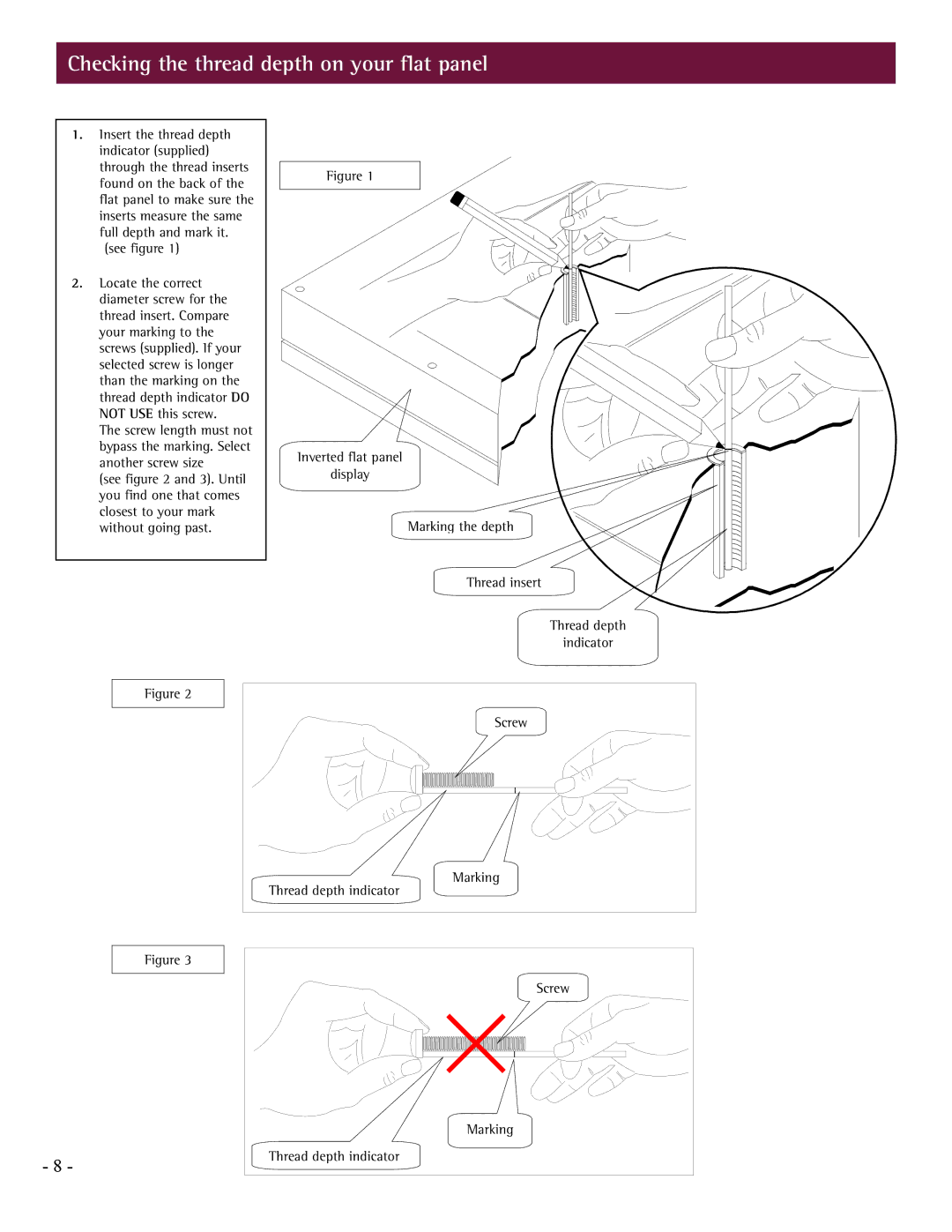 LG Electronics PCM-MS2 installation manual Checking the thread depth on your flat panel 