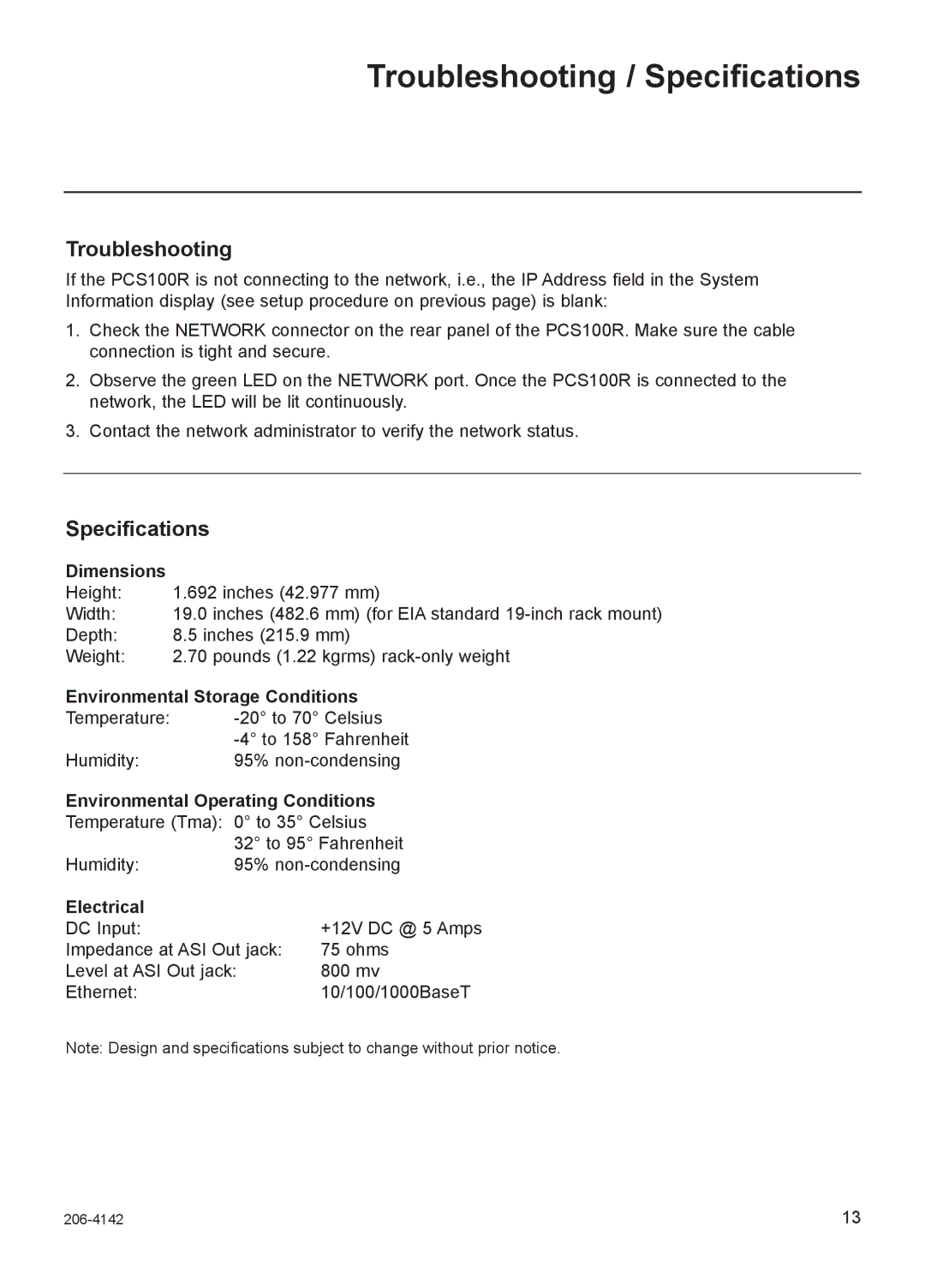 LG Electronics PCS100R setup guide Troubleshooting / Specifications 