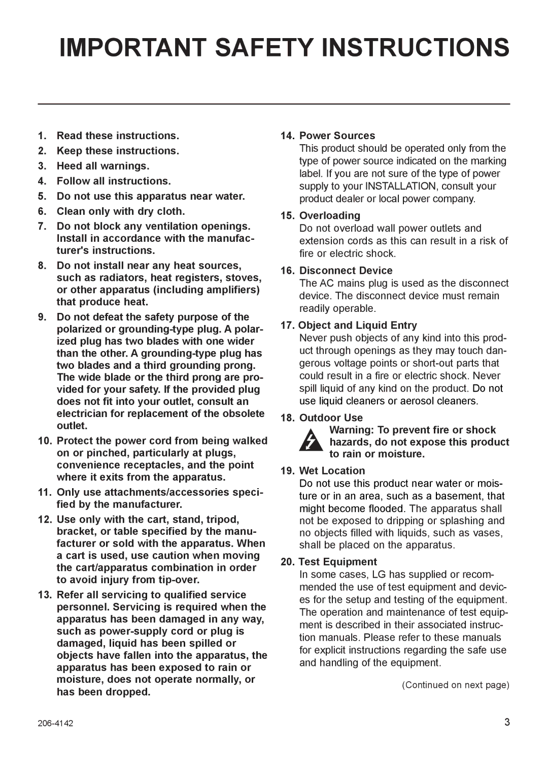 LG Electronics PCS100R setup guide Important Safety Instructions 