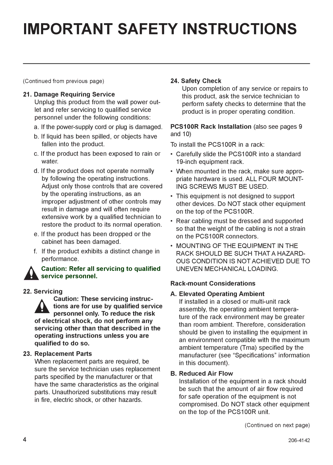 LG Electronics setup guide Damage Requiring Service, Servicing, Safety Check, PCS100R Rack Installation also see pages 9 