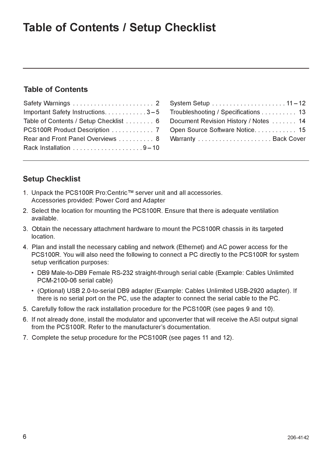 LG Electronics PCS100R setup guide Table of Contents / Setup Checklist 