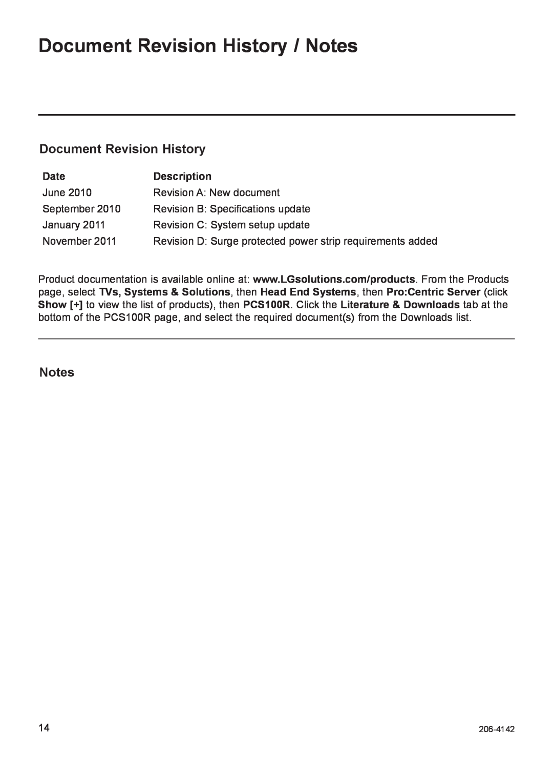 LG Electronics PCS100R setup guide Document Revision History / Notes, Date, Description, 206-4142 