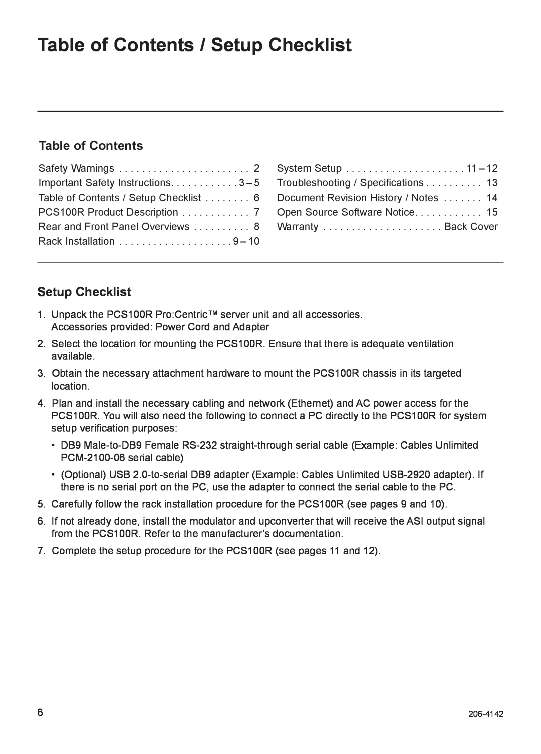 LG Electronics PCS100R setup guide Table of Contents / Setup Checklist 