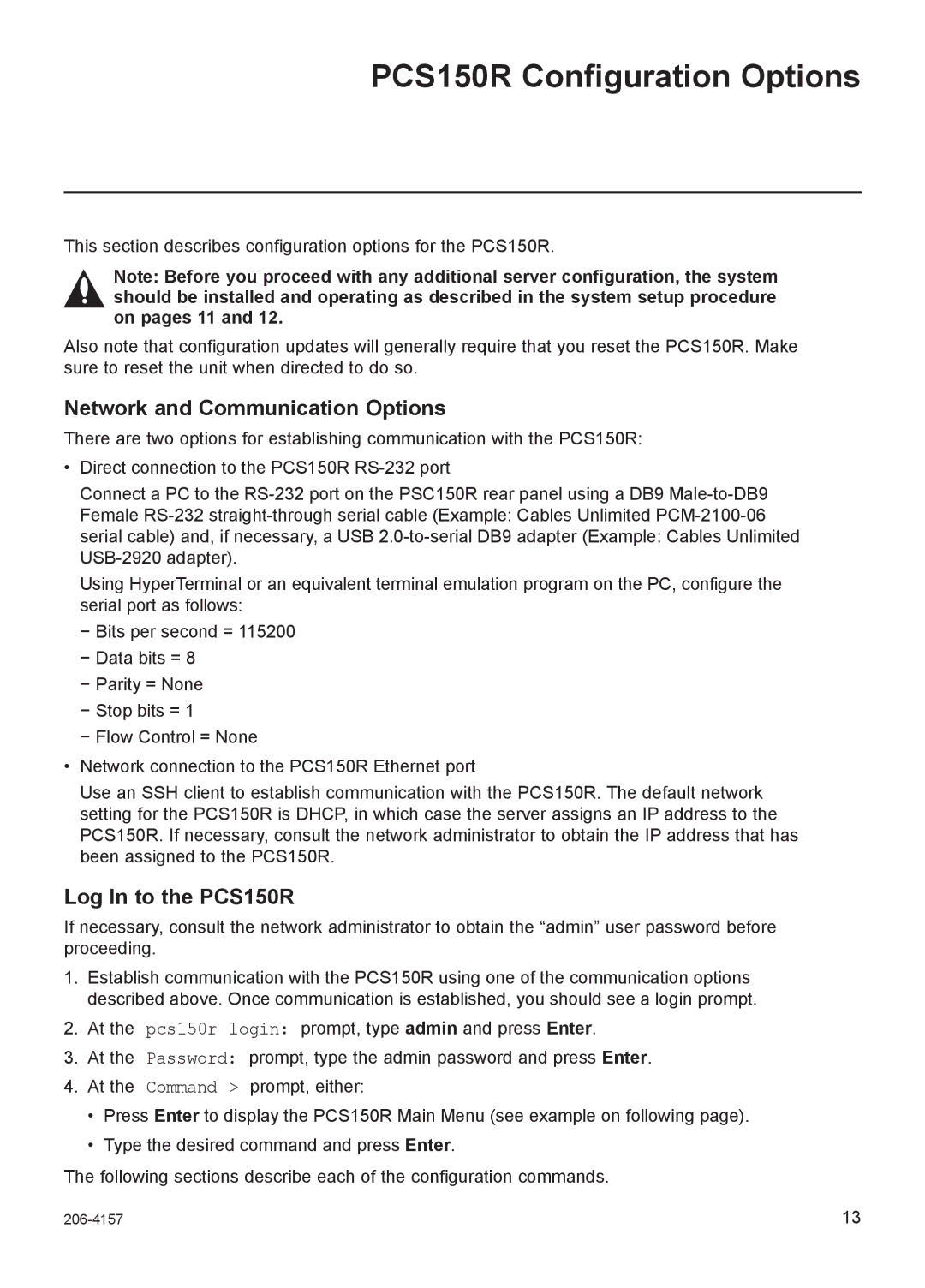 LG Electronics setup guide PCS150R Configuration Options, Network and Communication Options, Log In to the PCS150R 