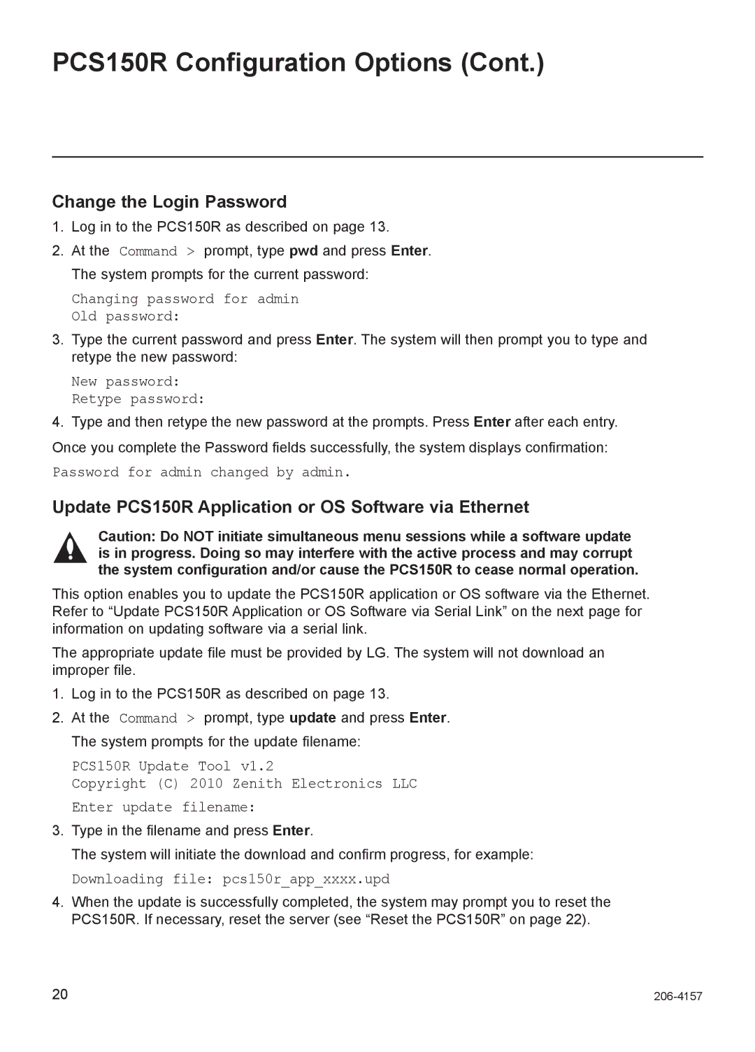 LG Electronics setup guide Change the Login Password, Update PCS150R Application or OS Software via Ethernet 