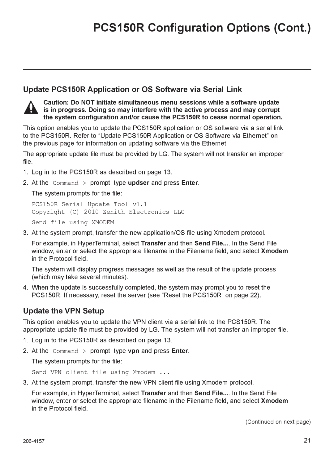 LG Electronics setup guide Update PCS150R Application or OS Software via Serial Link, Update the VPN Setup 