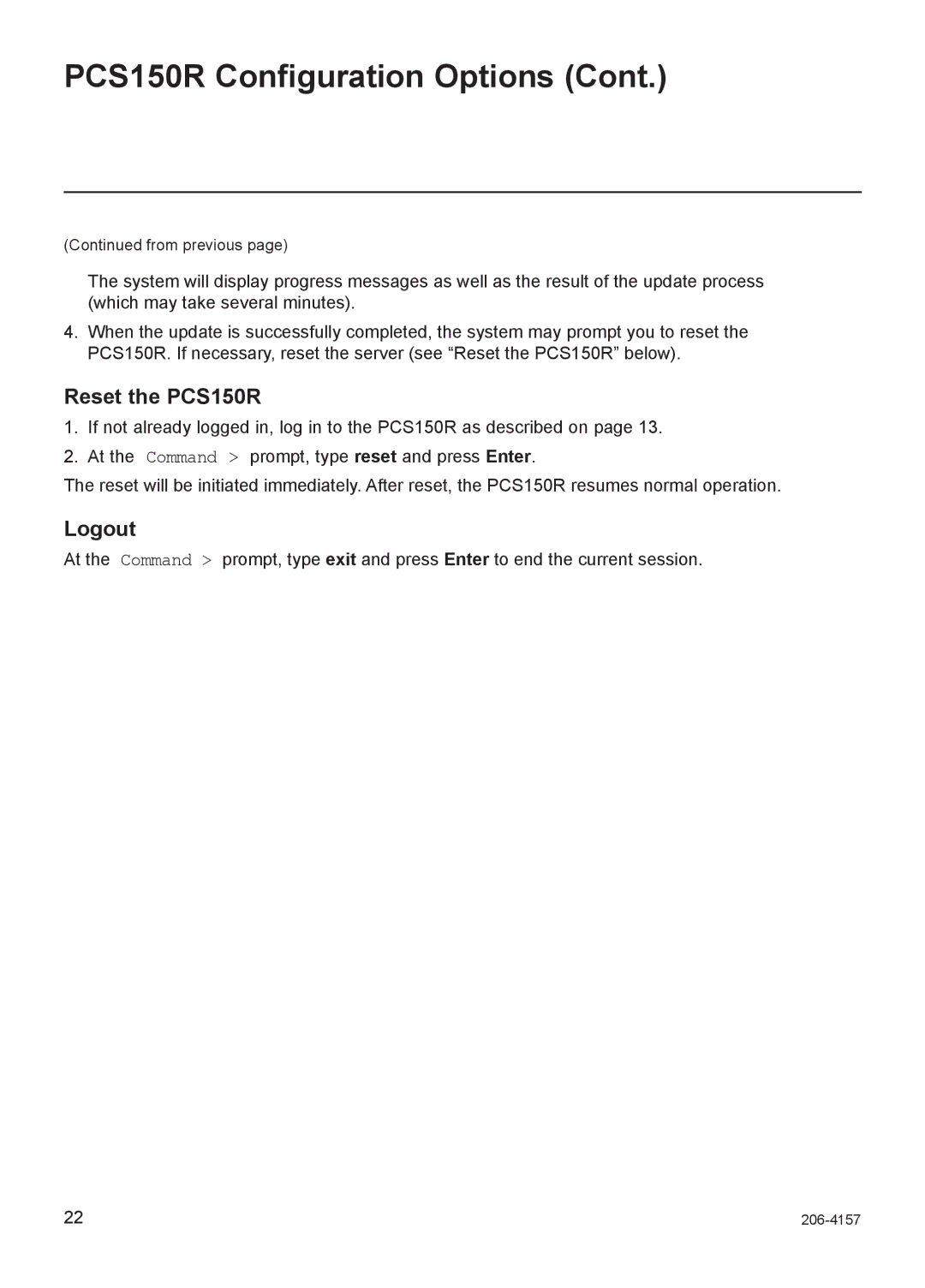 LG Electronics setup guide Reset the PCS150R, Logout 