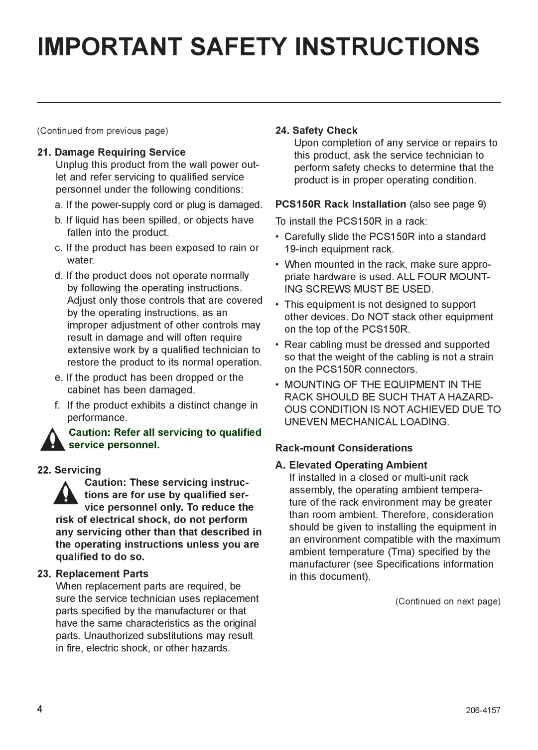 LG Electronics setup guide Damage Requiring Service, Safety Check, PCS150R Rack Installation also see 