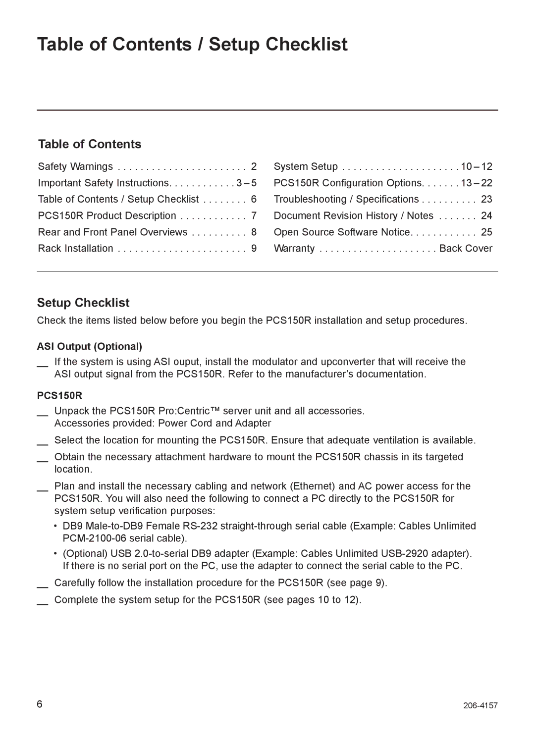 LG Electronics PCS150R setup guide Table of Contents / Setup Checklist 