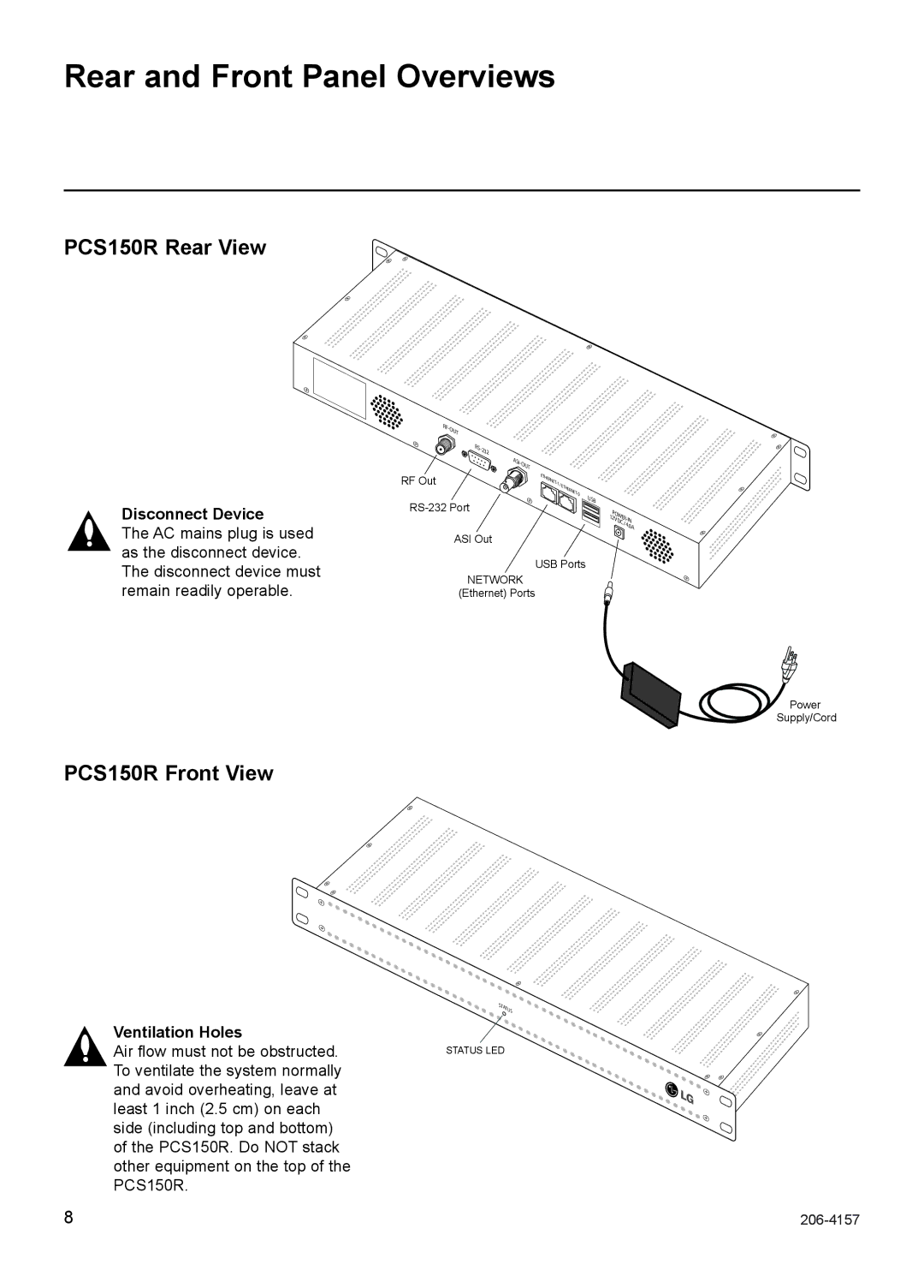 LG Electronics setup guide Rear and Front Panel Overviews, PCS150R Rear View, PCS150R Front View 