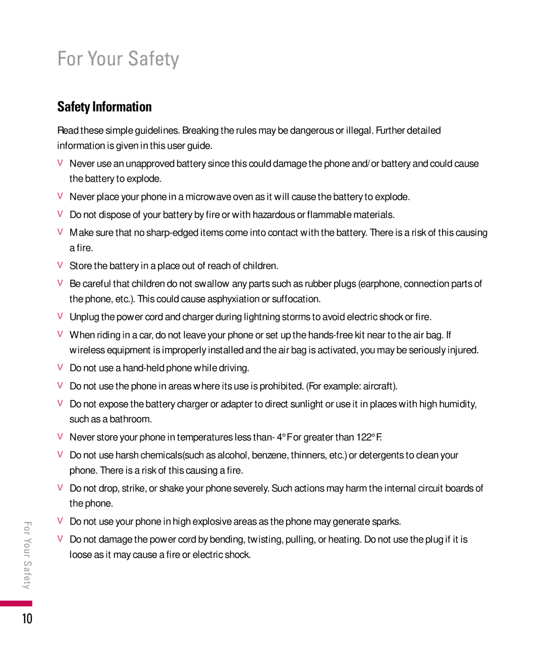 LG Electronics PDA manual For Your Safety, Fire Store the battery in a place out of reach of children 