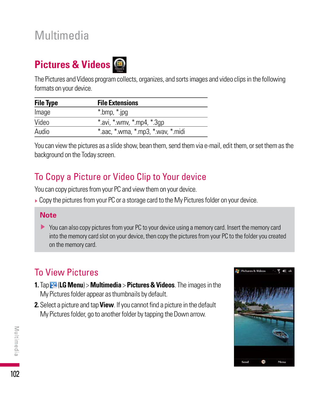 LG Electronics PDA manual Pictures & Videos, To Copy a Picture or Video Clip to Your device, To View Pictures, 102 