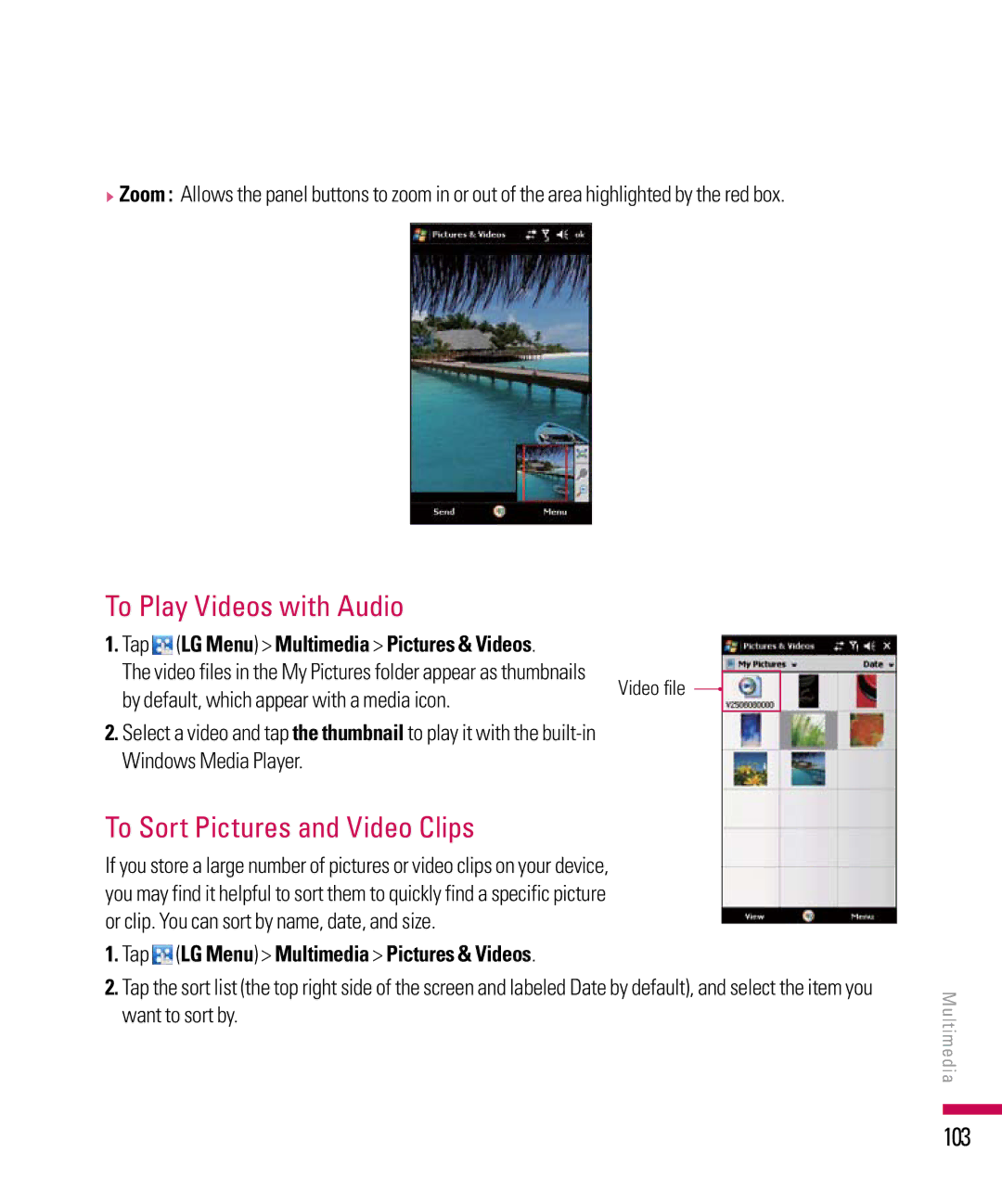 LG Electronics PDA manual To Play Videos with Audio, To Sort Pictures and Video Clips, 103 