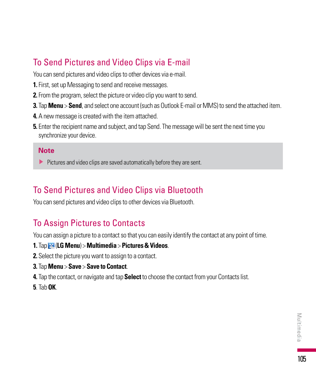 LG Electronics PDA manual To Send Pictures and Video Clips via E-mail, To Send Pictures and Video Clips via Bluetooth, 105 