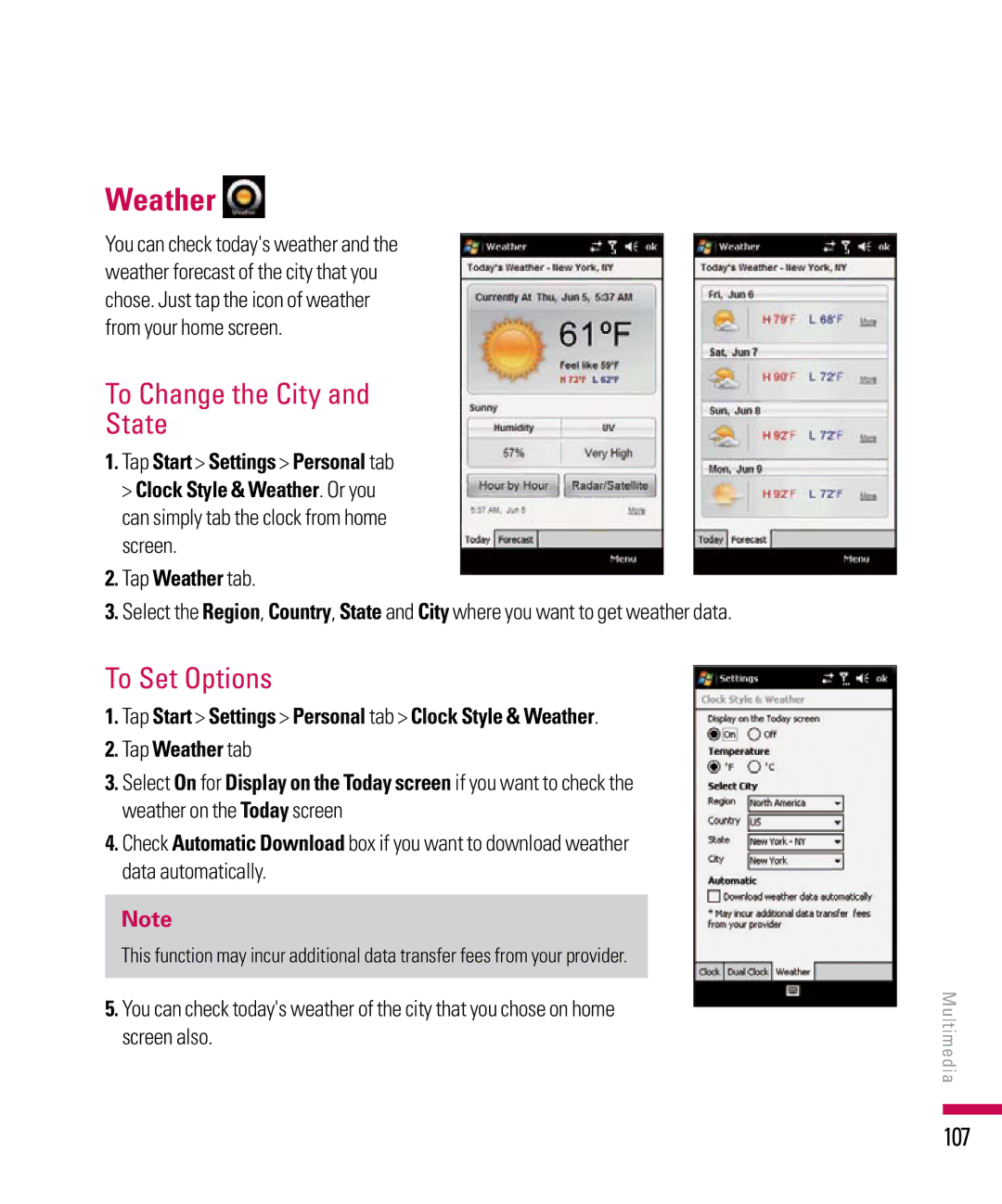 LG Electronics PDA manual Weather, To Change the City State, To Set Options, 107 